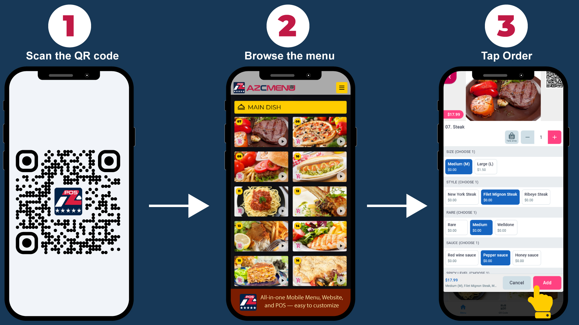 HOW IT WORKS: Scan the QR code --> Browse the menu --> Tap Order
